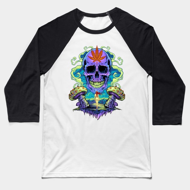 Purple Cannabis Skull Baseball T-Shirt by FlylandDesigns